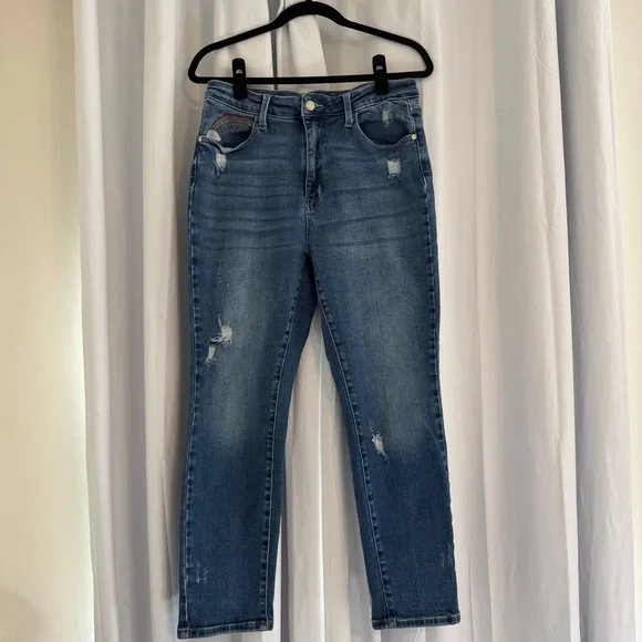 Judy Blue Straight Leg Jeans Rainbow Pocket High Rise Distressed 13/31 - Picture 3 of 9